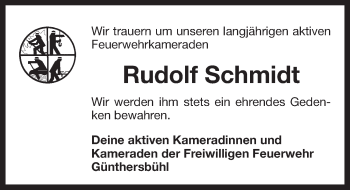 Traueranzeige von Rudolf Schmidt von Pegnitz-Zeitung